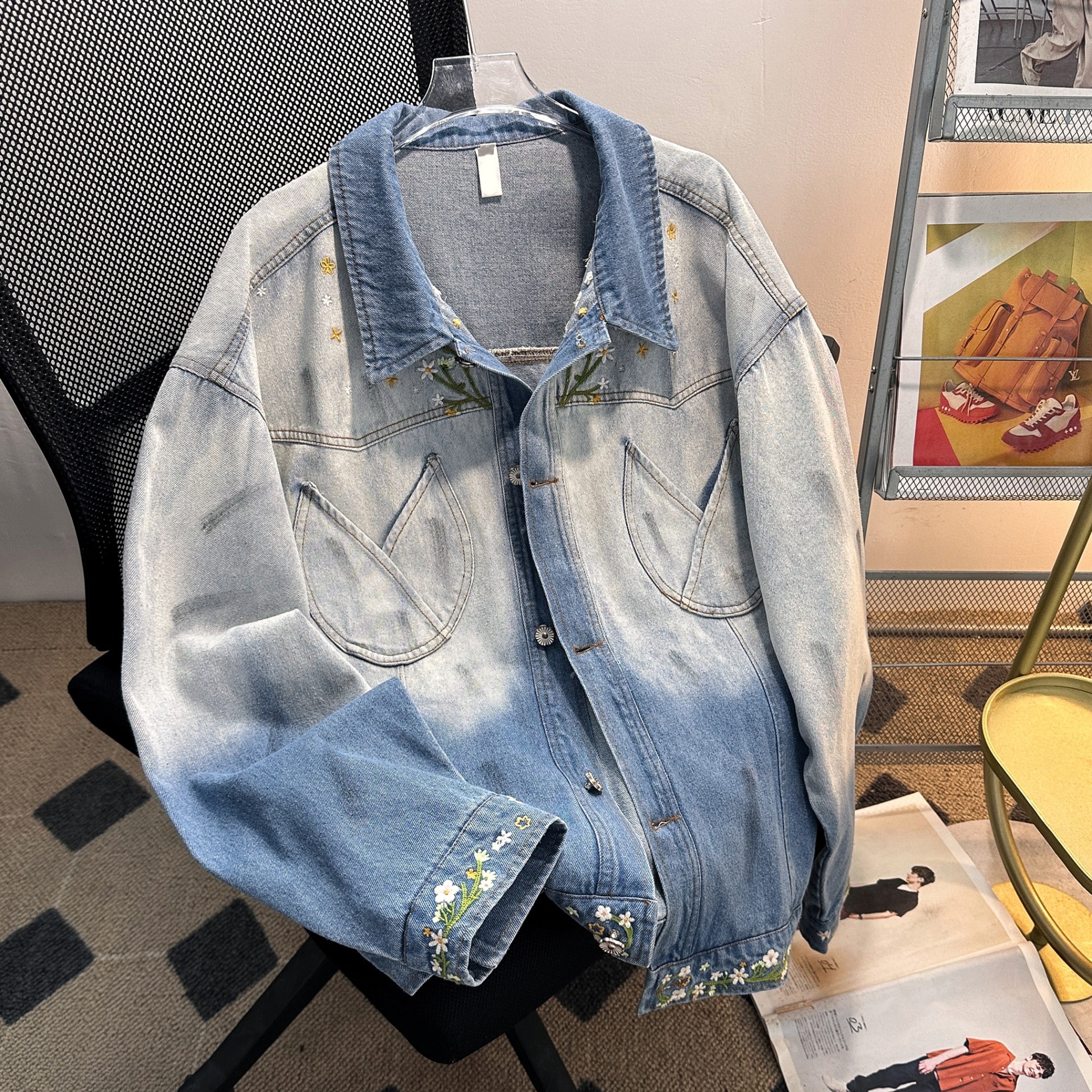 Unisex Gradient Embroidered Denim Jacket American Retro Style Floral Trendy Brand Design Spring Autumn Fashion Non-Stretch Denim_voghion.com