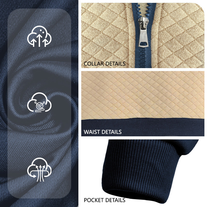 Monochrome Man- American Style Men's Waffle Casual Stand Collar Zipper Pullover Small Check Long Sleeve Sweatshirt TK_voghion.com