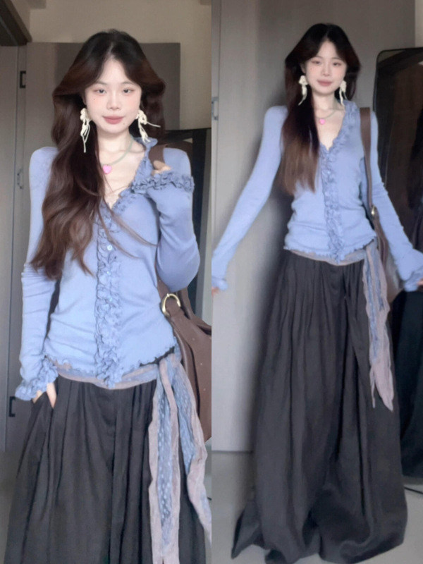 高级感别致领长袖木耳边针织开衫早秋新款独特绝美上衣|undefined