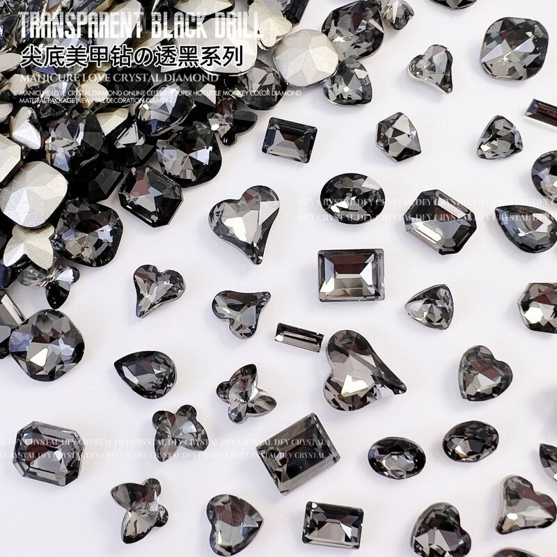Gray Nail Art Rhinestones, Transparent Black Pointed-Back Irregular Rhinestones, Rock Candy Fat Square Butterfly Heart Glass Rhinestones, Nail Decorations Wholesale