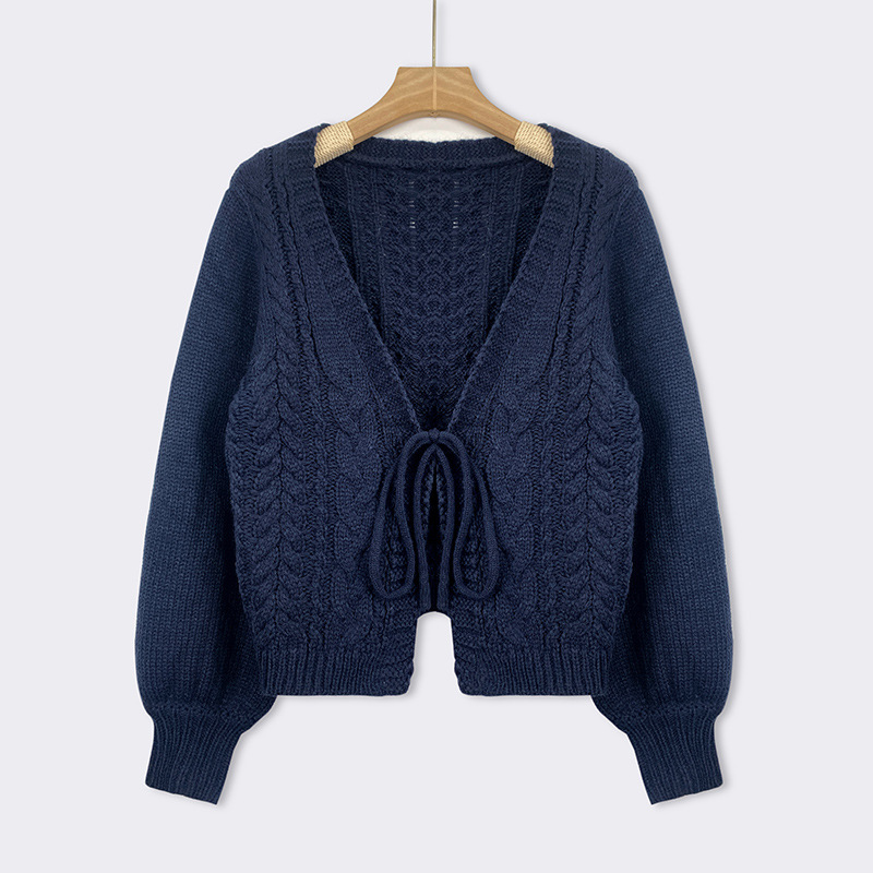 Knitted Sweater Women's Autumn and Winter Thin Lazy Style Outer Design Blouse Deep V-Neck Top