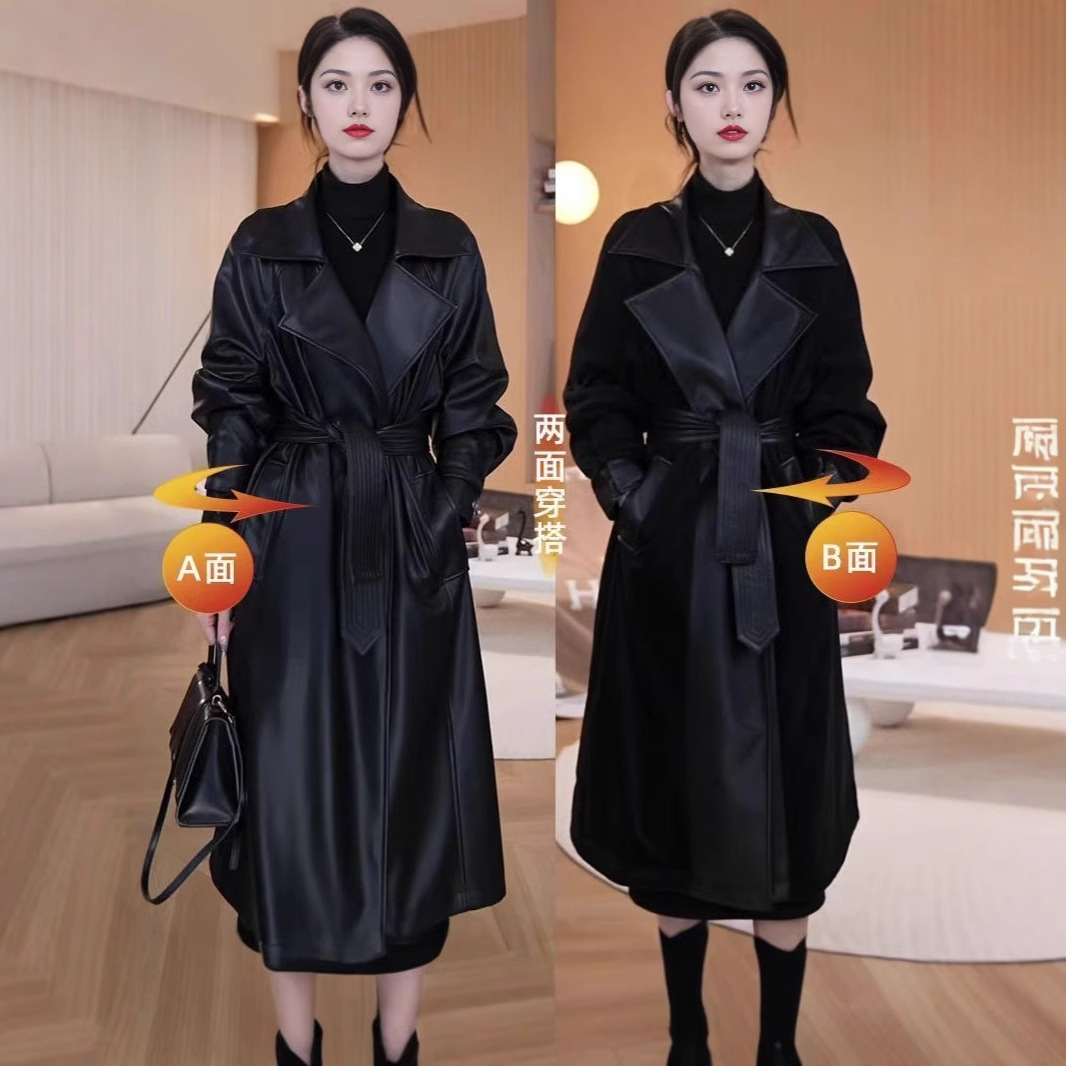 海宁黑骑士2.0长款过膝大衣2025秋冬加绒双面穿皮衣外套高级风衣