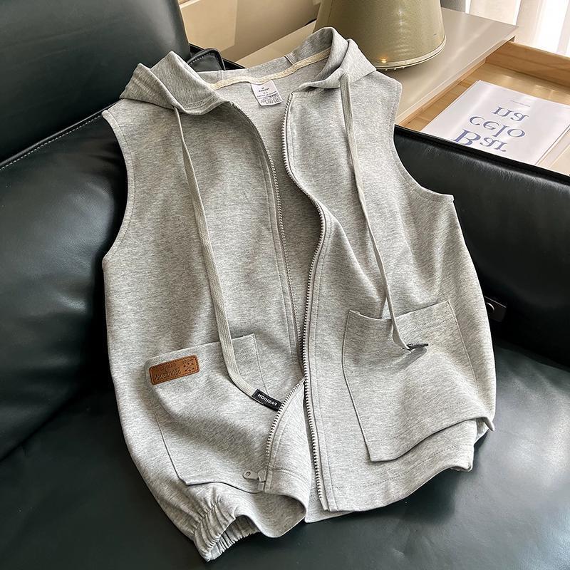 Outlet~Authentic Cut Label Hooded Sleeveless Vest Sweatshirt for Women Korean Style Layered Zipper Cardigan Waistcoat Top
