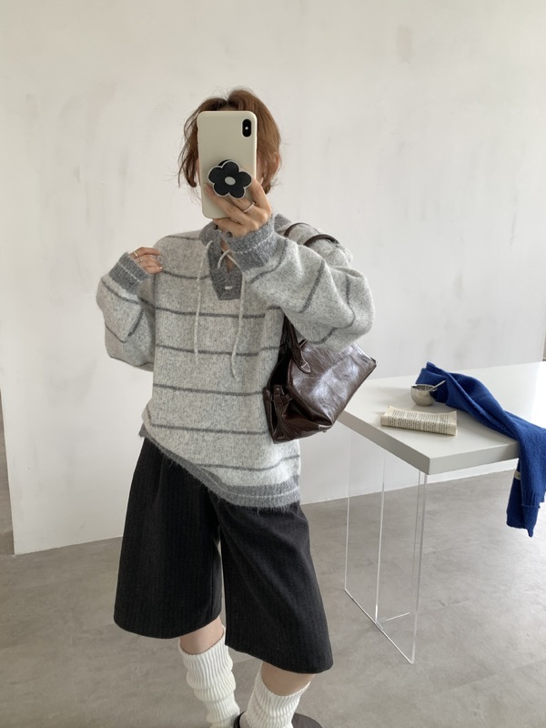 秋冬新款毛衣女2025韩系撞色条纹休闲手工穿绳慵懒风系带针织上衣|undefined