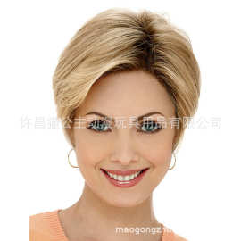 跨境货源 欧美时尚女士 亚麻金染色短直发假发头套  现货批发