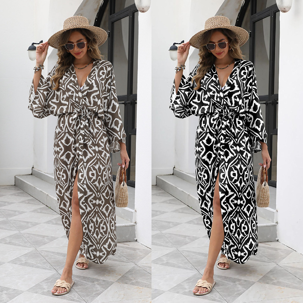 Wholesale European and American Rayon Printed Beach Cover-Ups, Sexy Cardigans, Loose Plus-Size Dresses, Bikini Outerwear Cover-Ups