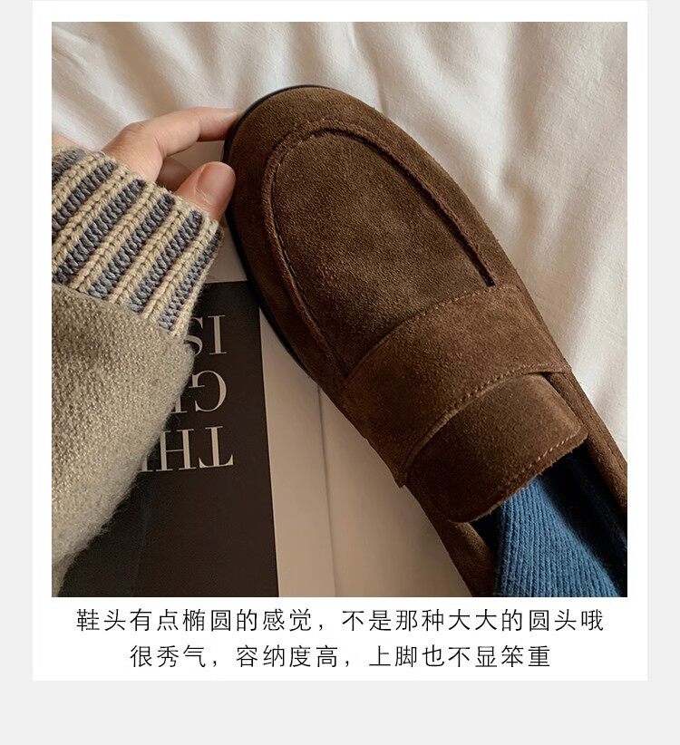 Giày lười nữ da lộn cổ điển mũi tròn đế bằng gót 3–5 cm — Màu nâu kaki, màu đen chi tiết 9