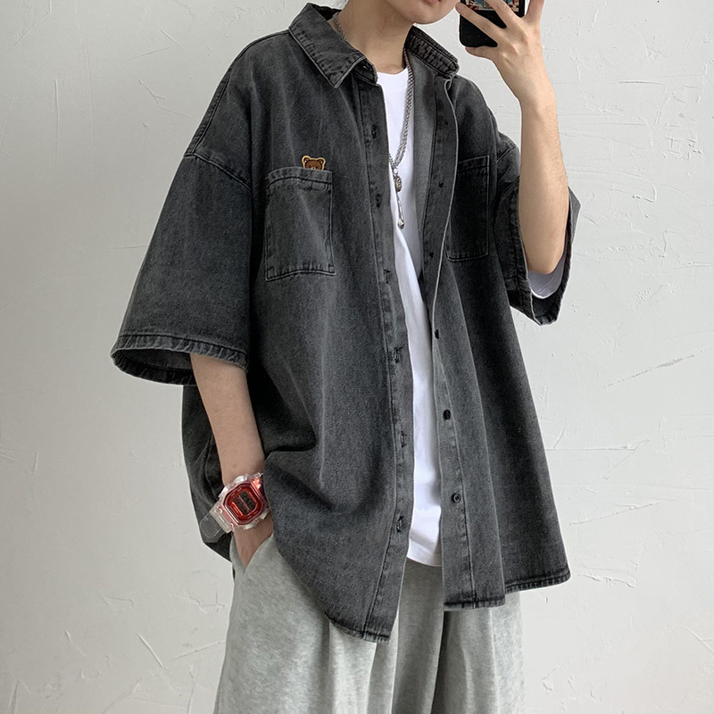 Factory Direct Sales Korean Style Embroidered Denim Short-Sleeved Shirt Men's Summer Trendy Loose Shirt-Like Jacket Handsome Top Factory Direct Sales Korean Style Embroidered Denim Short-Sleeved Shirt Men's Summer Trendy Loose Shirt-Like Jacket Handsome Top
