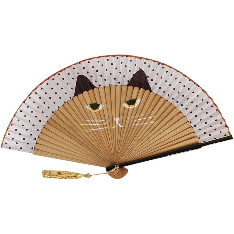 Pintura de estilo japonés ventilador plegable de estilo japonés pintado a mano gato de dibujos animados ventilador de bambú de dibujos animados niños ventilador danza cheongsam ventilador al por mayor