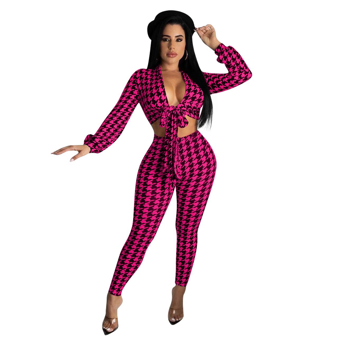 houndstooth print two-piece set nihaostyles clothing wholesale NSFFE93318