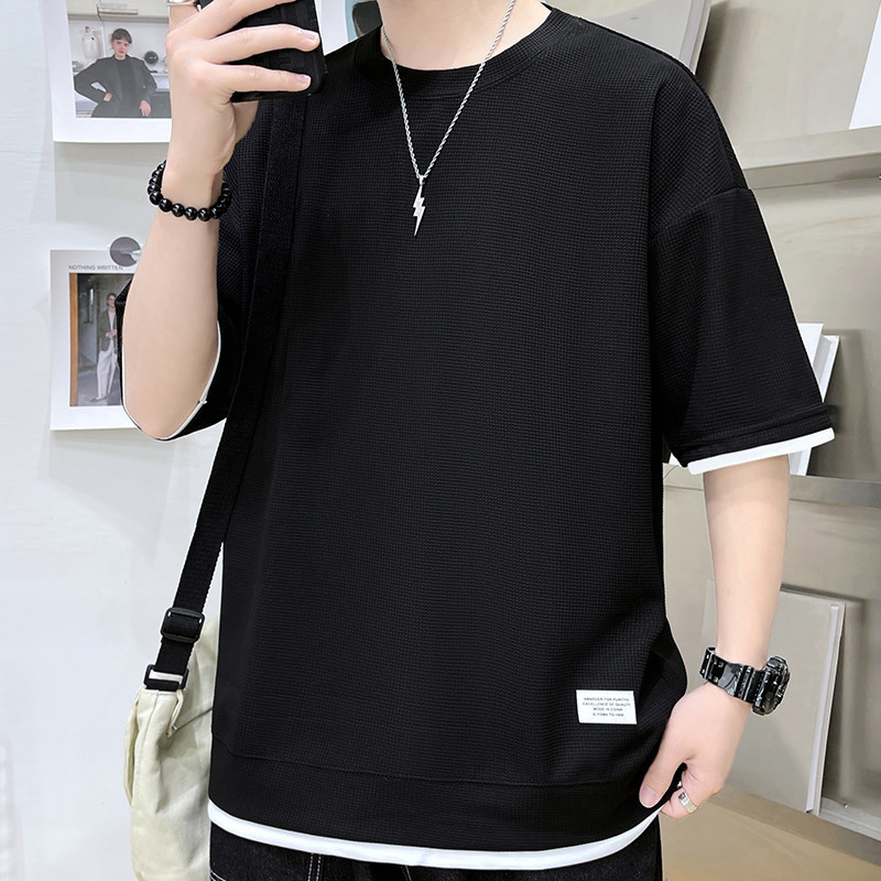 Trendy Fake Two-Piece Waffle Texture Short-Sleeve T-Shirt for Men, 2026 Summer New Korean Style Color-Blocking Fashion Top Trendy Fake Two-Piece Waffle Texture Short-Sleeve T-Shirt for Men, 2026 Summer New Korean Style Color-Blocking Fashion Top
