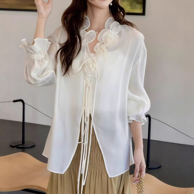 French-Style Romantic Design with Ruffled Edges, Three-Dimensional Rose Lace-Up Tencel Shirt Top for Women, Youthful and Exquisite Blouse