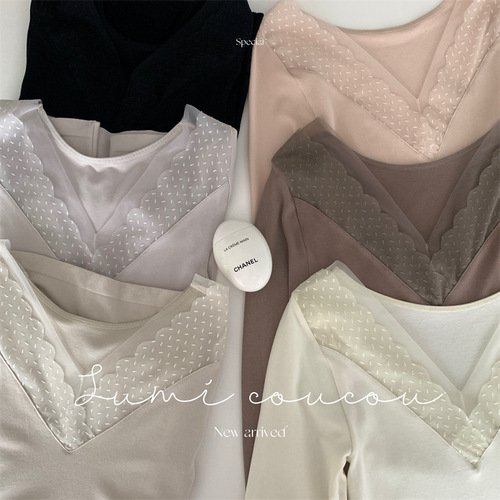 Women's Autumn Clothing Suit Autumn Pants Body Bottoming Sexy Thin Lace Bottoming Shirt Autumn and Winter Warm V-neck Slim Fit