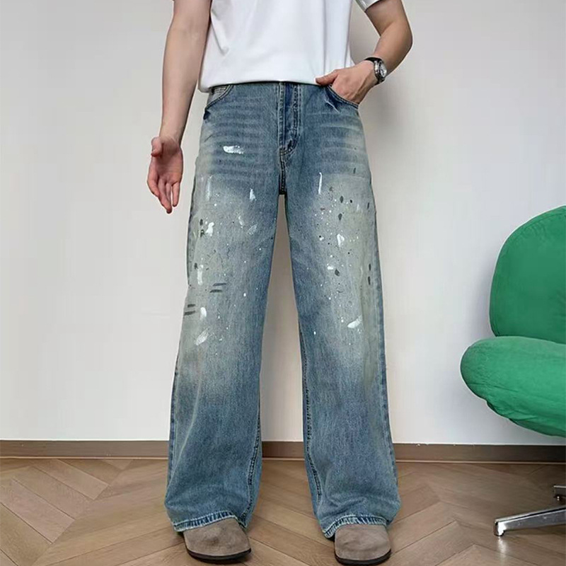 Gran tamaño de estilo americano de la calle alta pintado jeans de pierna de varón nuevo otoño retro hacer viejos chantalones de viento