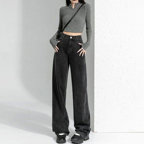 Women's Tall Waist Wide Leg Jeans for Autumn and Winter - New Style, Sheer Sensation, Slimming, Tall-Showing, Straight Tube, Floor-Length Wide Pants
