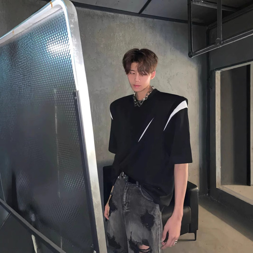 Designer Shoulder Collar T-Shirt for Men, Niche High-End, Fragmented Deconstruction, American Short Sleeve, Trendy Brand, Men's Model Fashion