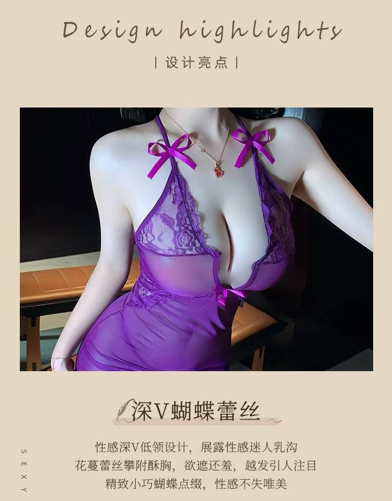 Purple Temptation Deep V Lace Sling Lingerie Set with Sheer Mesh Back — detail image 10