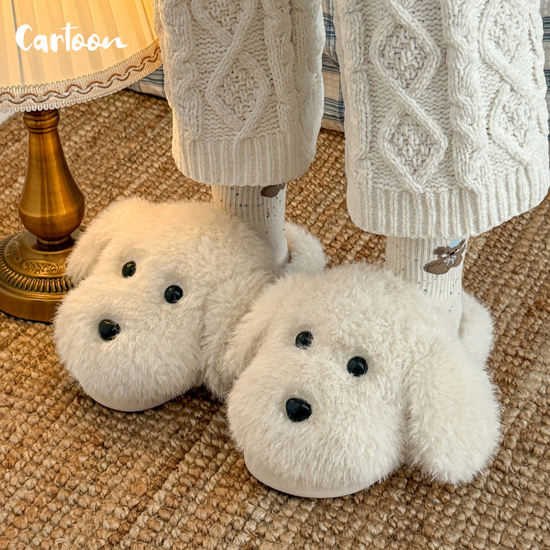 Pantofole da interno antiscivolo, calde, di alta qualità, con suola spessa e pelliccia, a forma di cucciolo, per la casa, e per uomo, per l'inverno._voghion.com
