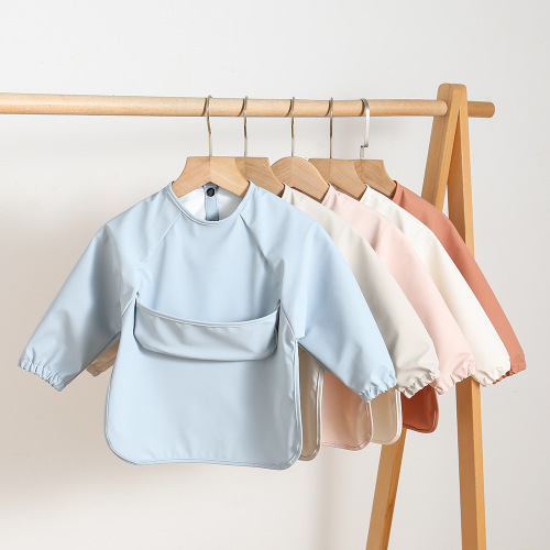 Danish children's long-sleeved PU reverse clothing baby eating clothes bib super soft waterproof solid color rice pocket anti-dirty feeding clothes