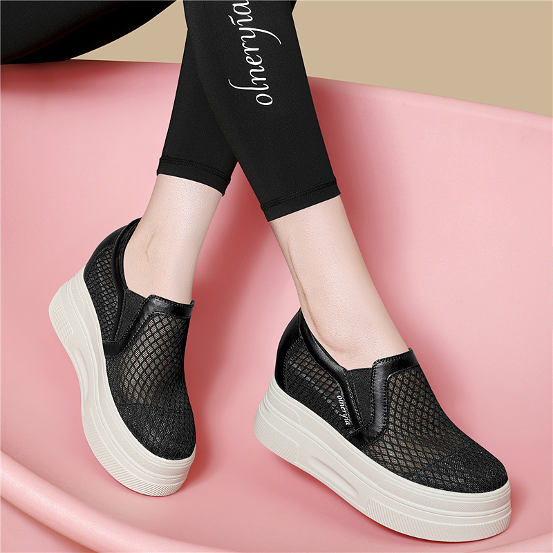 Giày sneaker nữ đế dày lưới thoáng khí một chân tăng chiều cao đi làm mùa xuân hè — 6124 Màu be, 6124 Da đen chi tiết 6