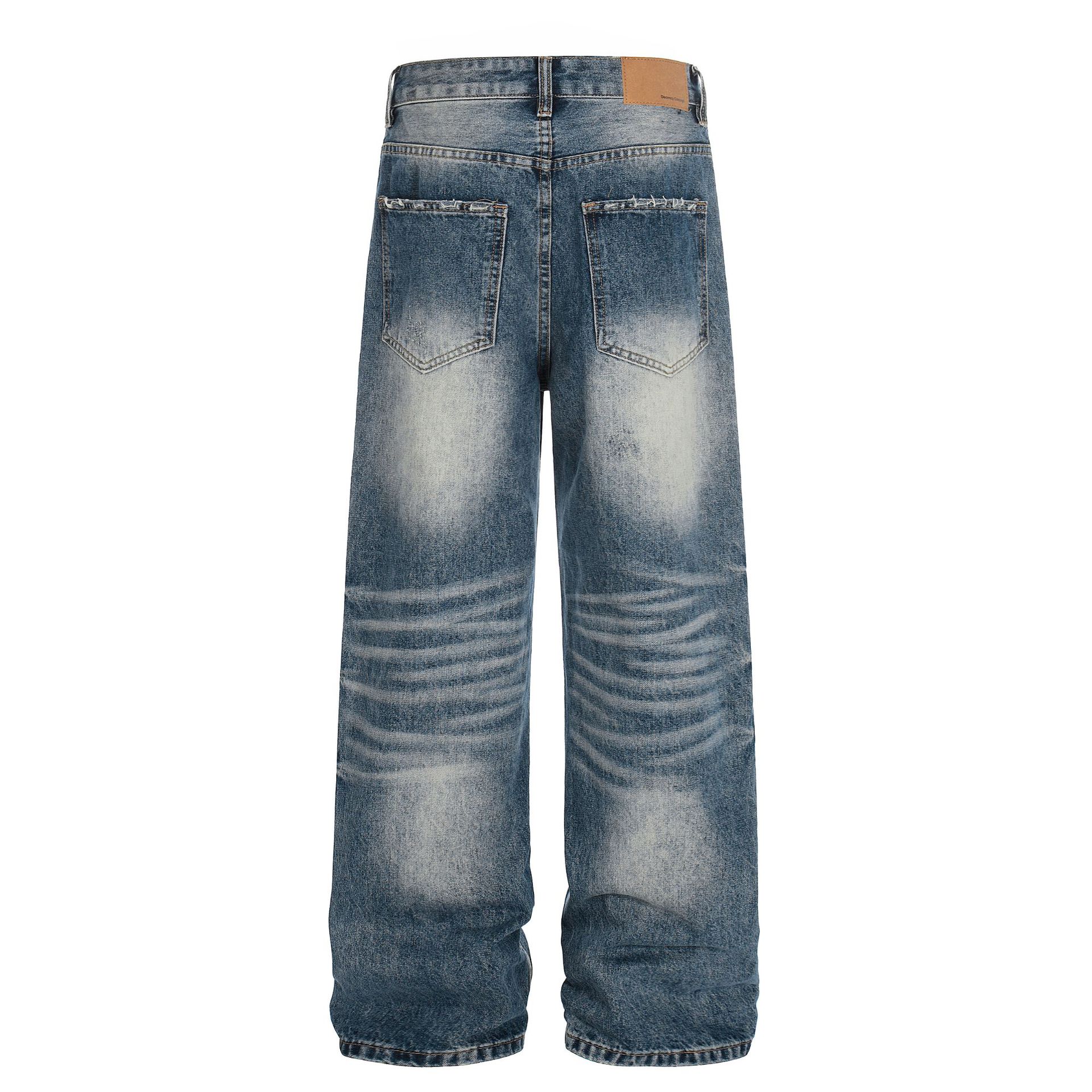Men's High Street Style Jeans Loose Fit Retro Denim Whisker Texture Washed Feel_mkmklike.com