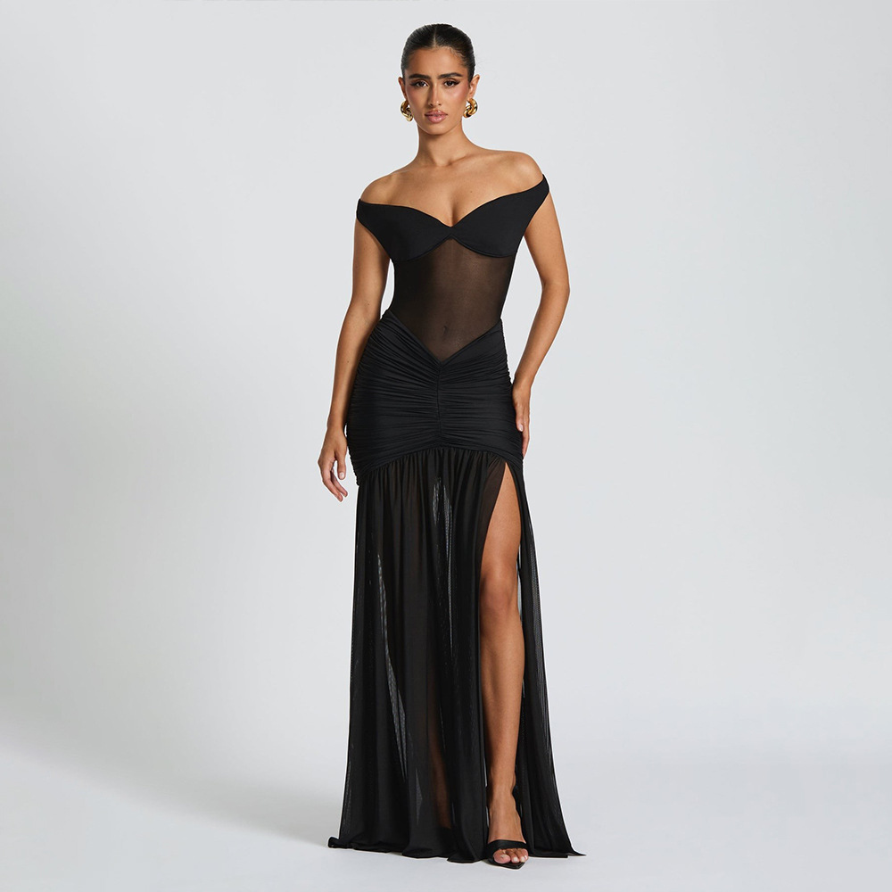 Transfronterizos Europa y Estados Unidos otoño 2025 nuevo estilo de moda para limpiar el pecho de espalda sexy malla plegado abierto vestido de cadera