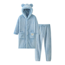 加厚款男童睡衣冬季法兰绒长袍秋冬珊瑚绒儿童睡袍男孩家居服套装