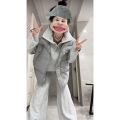 韩系冬季休闲穿搭一整套2025新款保暖棉服马甲针织衫休闲裤三件套