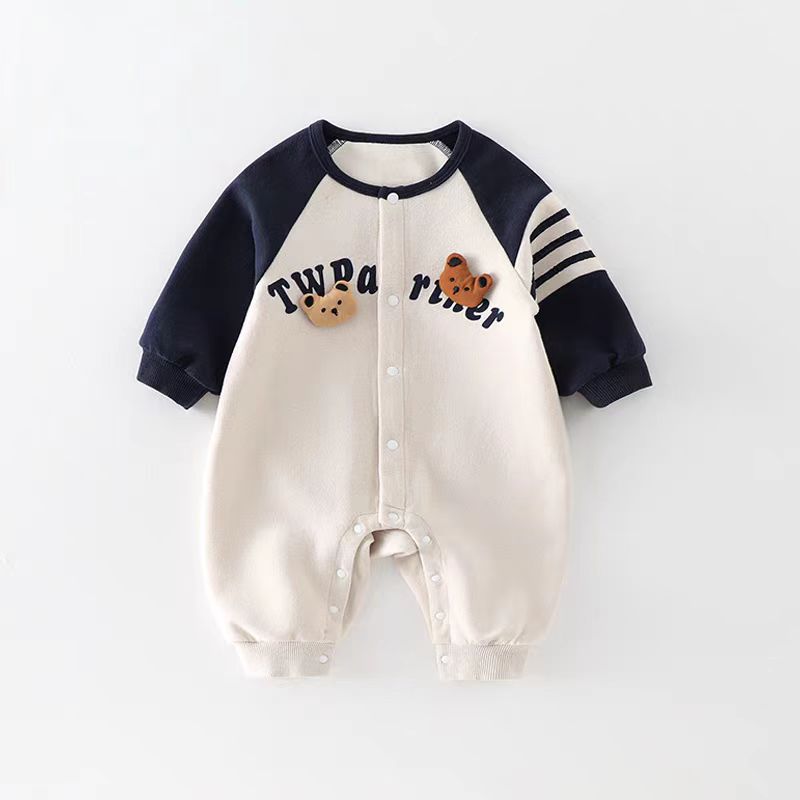 Newborn Baby Clothes, Spring & Fall Style Baby Boy Jumpsuit, Cute Full Moon 100-Day Long-Sleeved Bear Crawling Suit