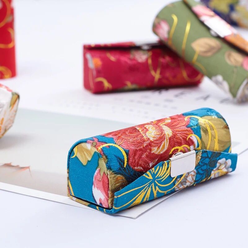 金丝中式单支带镜子口红盒 锦缎丝绸口红盒唇膏盒