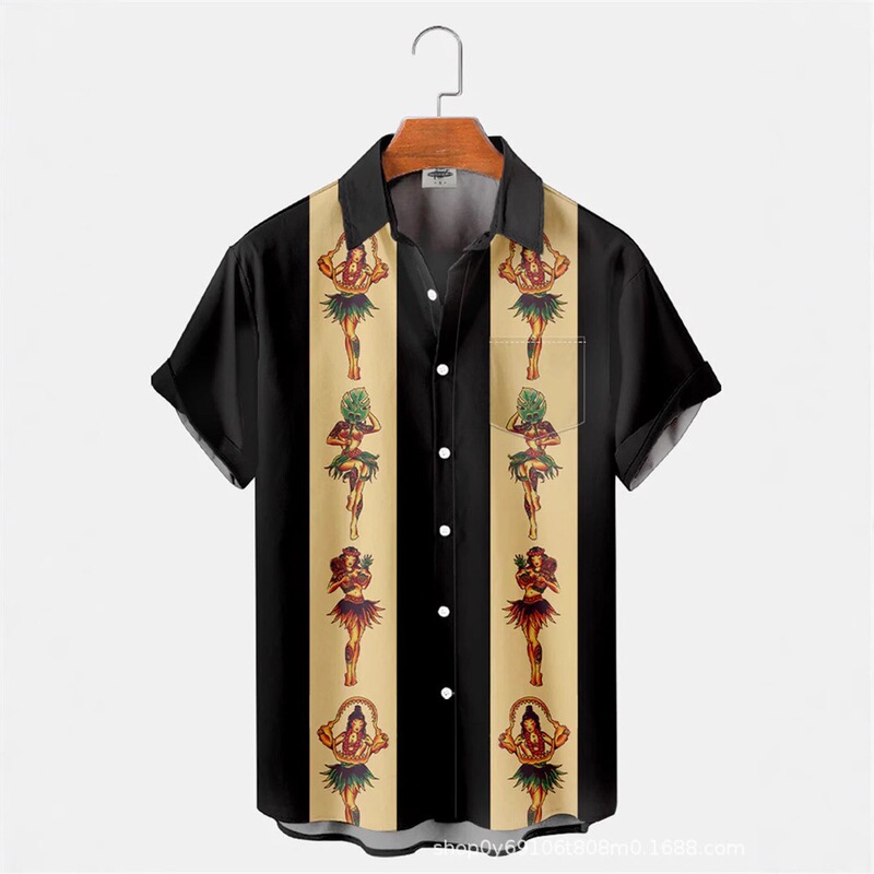 Amazon Cross-Border Summer Short-Sleeved Retro Wrangler Holiday Element Digital Print Shirt for Young Men