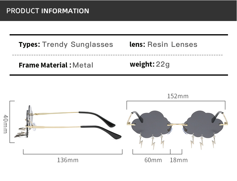 Purple, Gold Color Fashion Clouds Lightning PC UV400 Protection Special-Shaped Mirror Frameless Women's Sunglasses