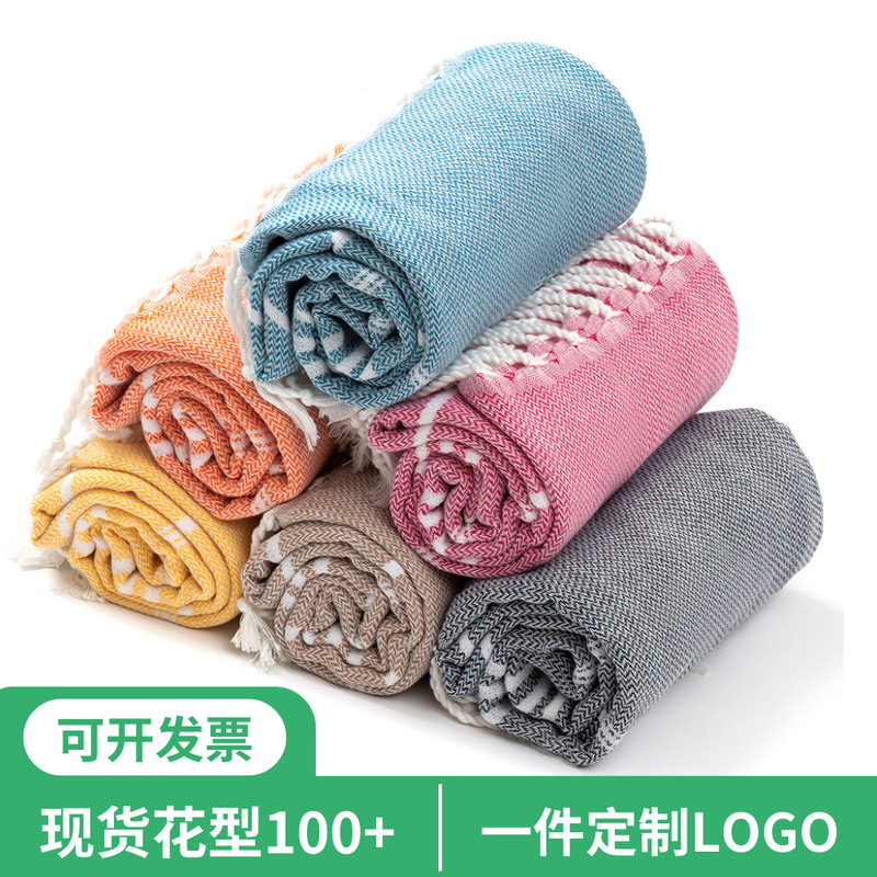 Cross-border Hot Sale Polyester Cotton Striped Turkish Tassel Beach Towel Absorbent Quick-drying Bath Towel Soft and Comfortable Large Towel