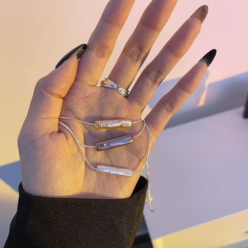 Korean original design S925 sterling silver natural pearl necklace Baroque small silver bar INS high-end clavicle chain