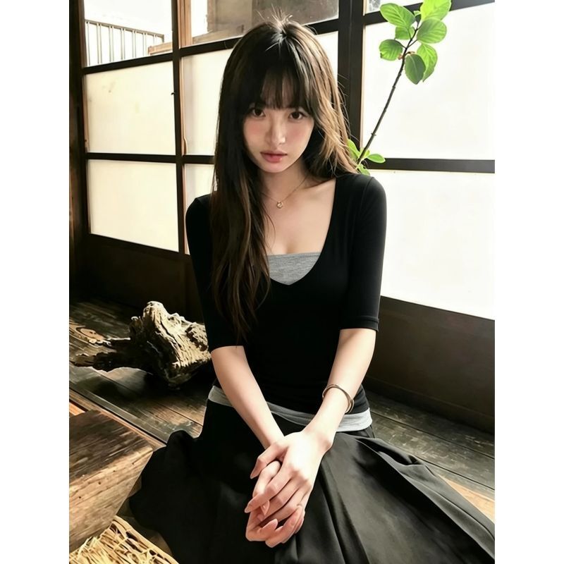 Black Color-Blocked Mid-Sleeve T-Shirt for Women, Summer 2026 New Style, Slim Fit, Faux Two-Piece Modal Cotton Top