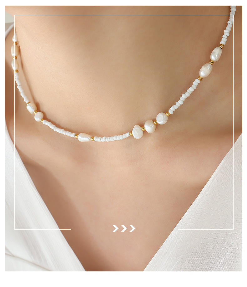 Fashion Geometric Pearl Titanium Steel Beaded Glass Bead Necklace