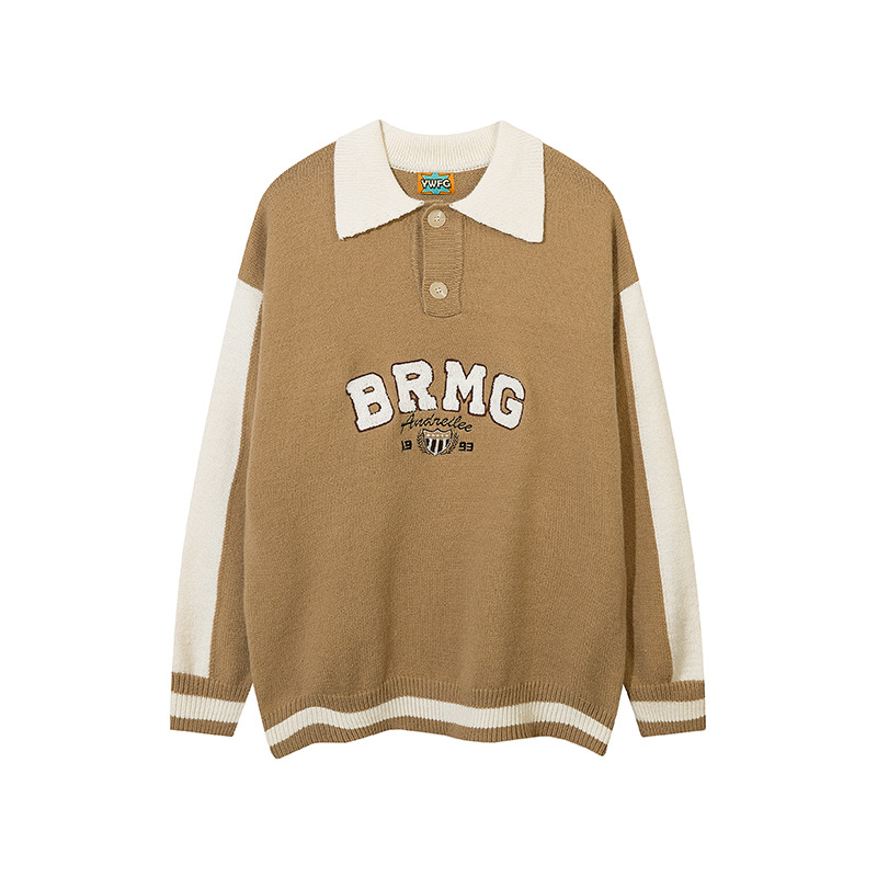 Suéter de punto POLO de estilo americano de la marca original YWFG, con diseño retro de letras jacquard, tendencia nacional para parejas en otoño e invierno.