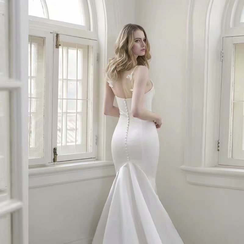 Vestido de Novia Nuevo, Estilo Europeo y Americano, para Comercio Exterior en Amazon y AliExpress, sin Tirantes, Sexy, con Tirantes Finos, Ajustado, con Cola de Pez, para Banquete