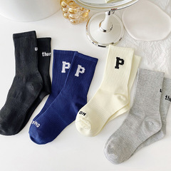 Socks for women and men, mid-calf length, cotton, thin, worn outside, trendy, couple's socks, men's high-calf sports socks, sweat-absorbent long socks.