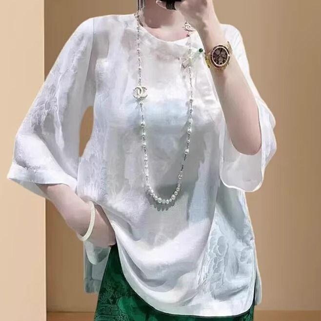 新しい中国風の女性の半袖紫色のアセテートジャカードナショナルスタイルトップサマーシャツ西洋スタイル多用途五分袖シャツ|undefined