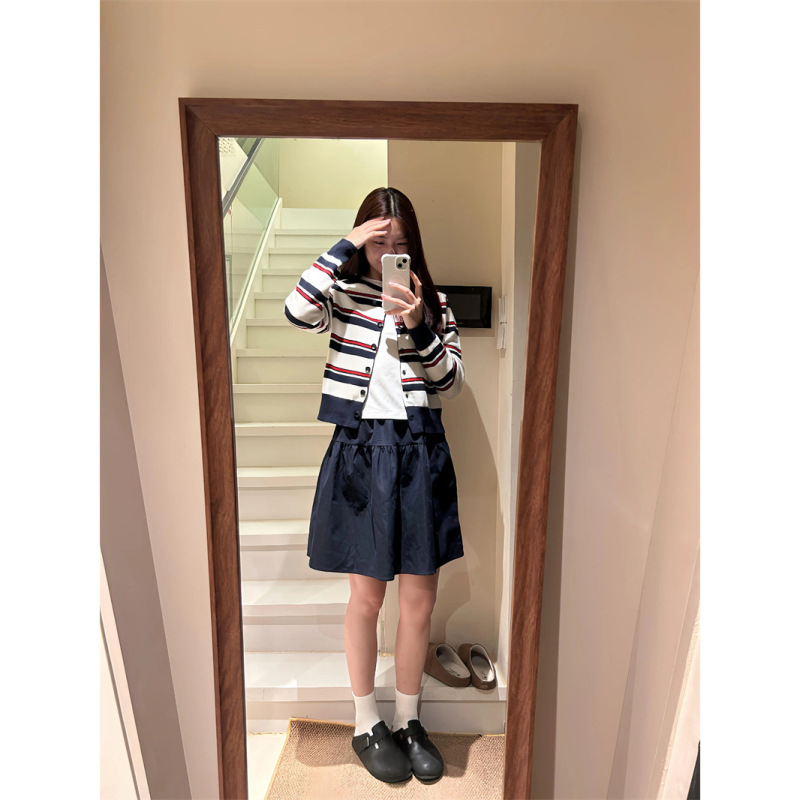 实价现货韩系撞色条纹圆领针织开衫女春季小个子宽松显瘦减龄上衣|undefined