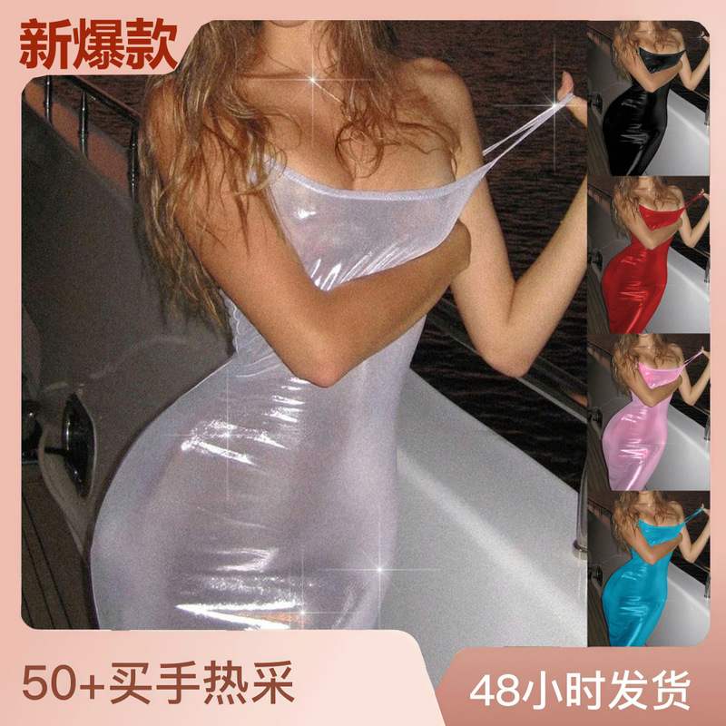 2025 New Cross-Border Strapless Long Dress European and American Women's Fashion Sexy Deep V-Neck Sleeveless Spaghetti Strap Dress in Stock