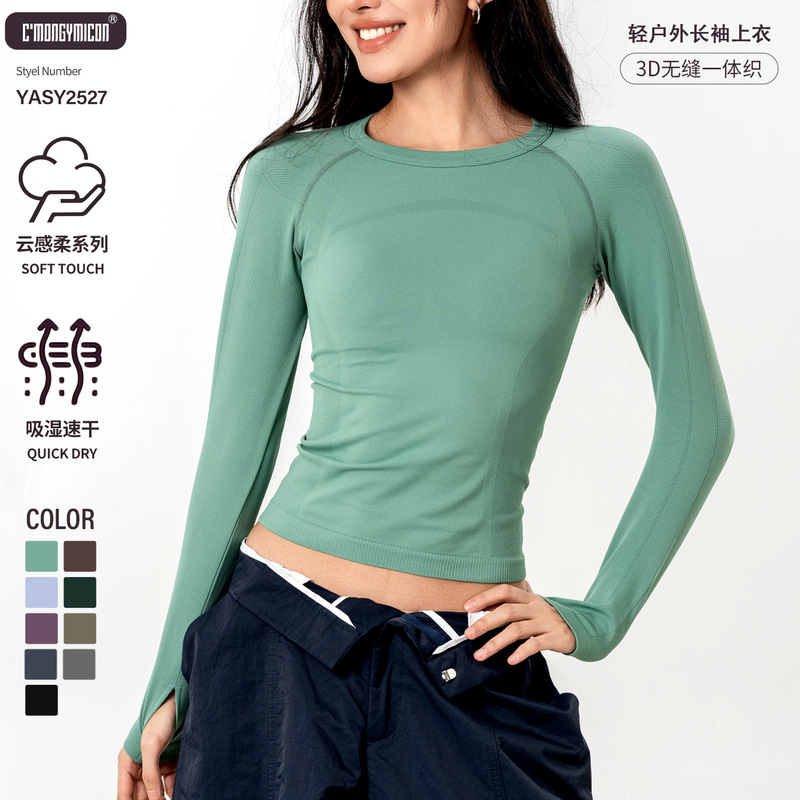 Autumn and Winter Women's Long-Sleeved Sports Fitness Yoga T-Shirt Round Neck Pure Color Running Badminton Breathable Autumn and Winter Quick-Drying Clothing