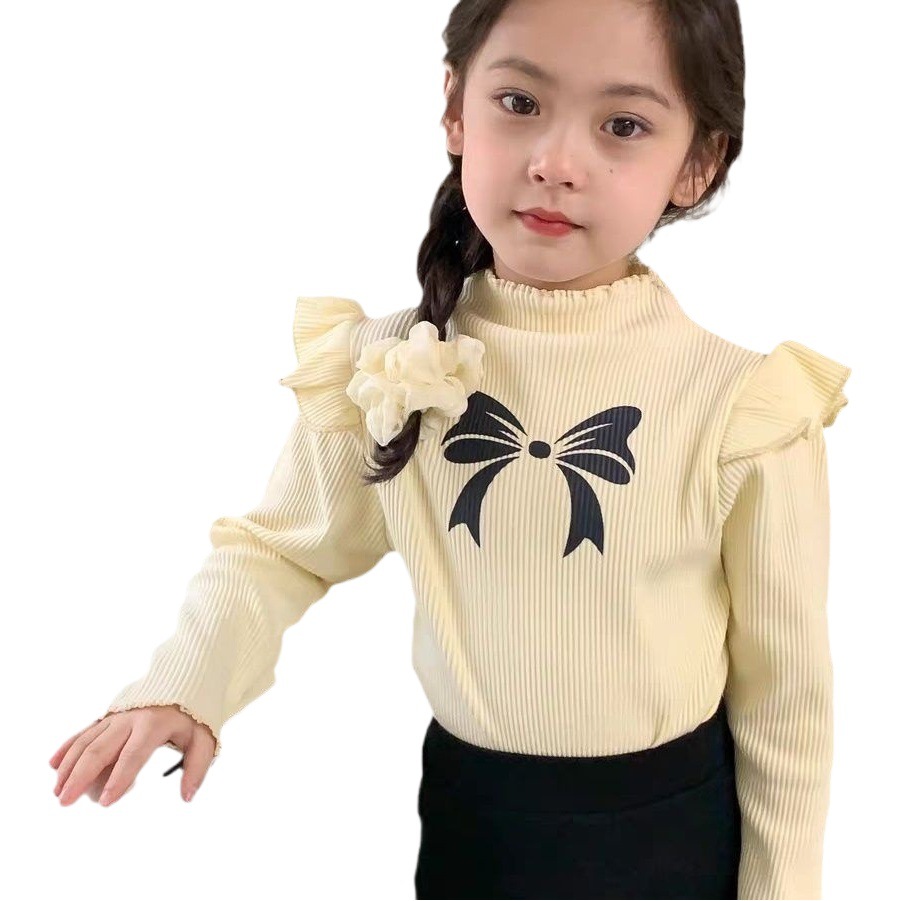 Primavera y otoño nueva camisa de manga larga para niñas de terciopelo Estilo occidental con volantes manga arco impreso bebé niñas SLIM-Fit ropa de otoño