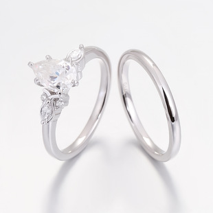 Ring Set Combination Women's Niche High-End Accessible Luxury 925 Sterling Silver Ring Pear-Shaped Plain Ring 14K Gold Moissanite Ring