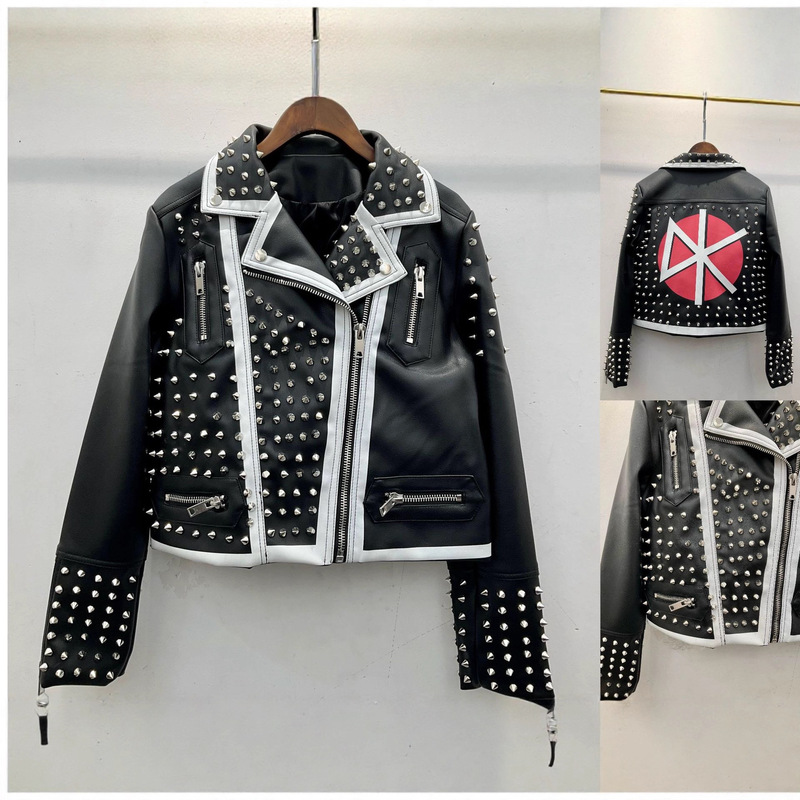 Cross-Border Retro Pointed Rivets 25 Autum New Printed Lapel Multi-Zip Rock Style Pu Leather Jacket Motorcycle Jacket Cross-Border Retro Pointed Rivets 25 Autum New Printed Lapel Multi-Zip Rock Style Pu Leather Jacket Motorcycle Jacket