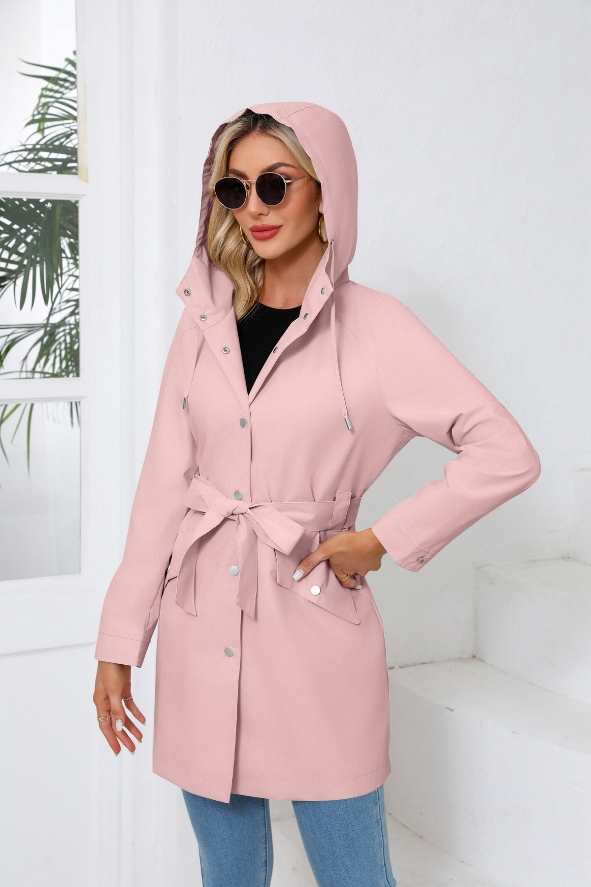 Women's Clothing Spring and Autumn Hooded Water Repellent Jacket with Belt Thin Casual Loose Windbreaker _voghion.com