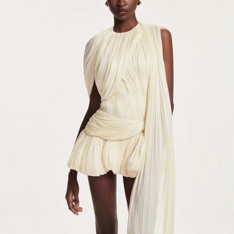 French Sweet Style Dress for Women 2026 Summer New Style Fresh Pleated Waist Design Round Neck Sleeveless Short Dress French Sweet Style Dress for Women 2026 Summer New Style Fresh Pleated Waist Design Round Neck Sleeveless Short Dress