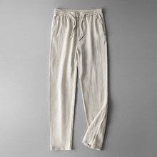 亚麻男士休闲裤松紧腰夏季薄款韩版修身潮流小脚棉麻透气简约长裤