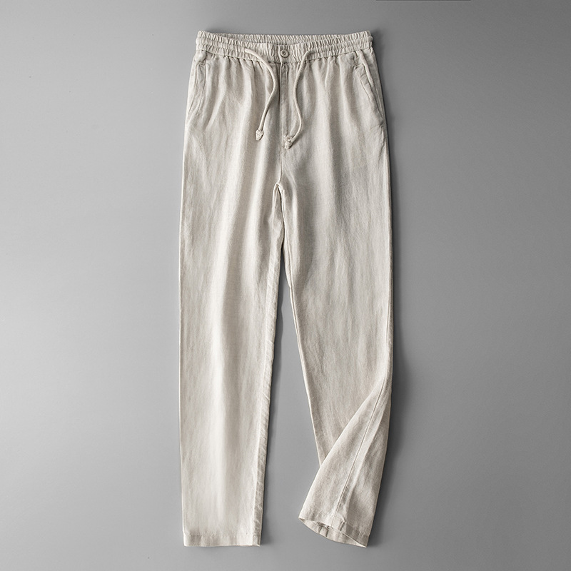 Linen Men's Casual Pants with Stretch Waist Summer Thin Korean Style Slim-fit Fashionable Small Leg Cotton Linen Breathable Simple Trousers